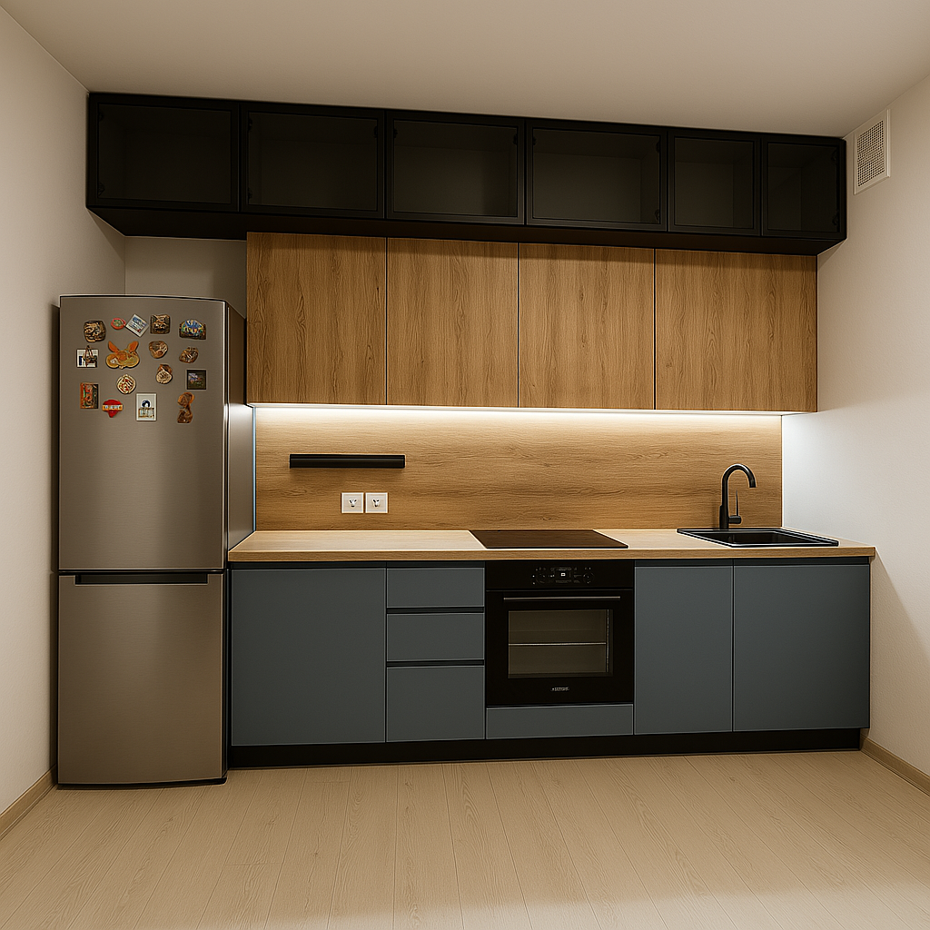 Кухня прямая скандинавская — Серо-зелёный и дуб